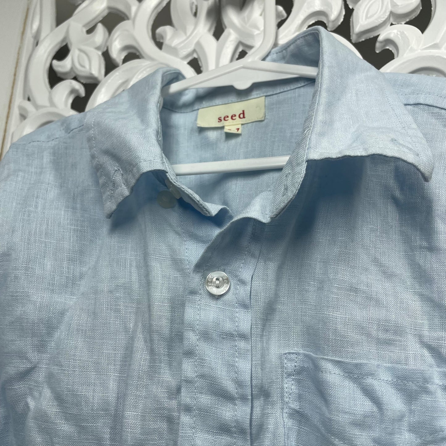 Seed Boys Long Sleeve Shirt Blue Size 6-7 (missing button)